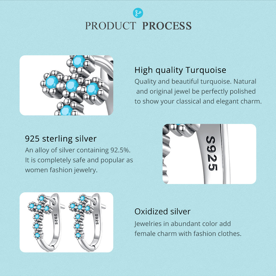 Sterling 925 Silver Hypoallergenic Ear Jewelry Cross Pattern Turquoise Inlaid Hoop Earrings Simple Sexy Style Female Gift