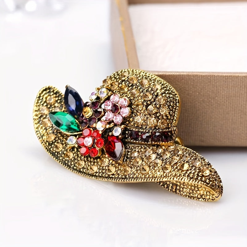 Vintage Style Hat Alloy Brooch Pin Inlaid Shiny Rhinestone Elegant Temperament Sweater Coat Dress Accessories