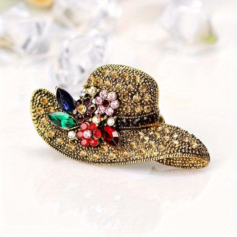 Vintage Style Hat Alloy Brooch Pin Inlaid Shiny Rhinestone Elegant Temperament Sweater Coat Dress Accessories