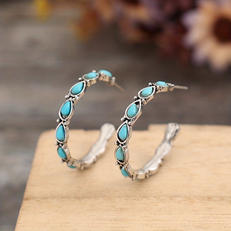 C Shape With Turquoise Decor Retro Elegant Hoop Earrings Western Style Zinc Alloy Silver Plated Jewelry Trendy Female Gift