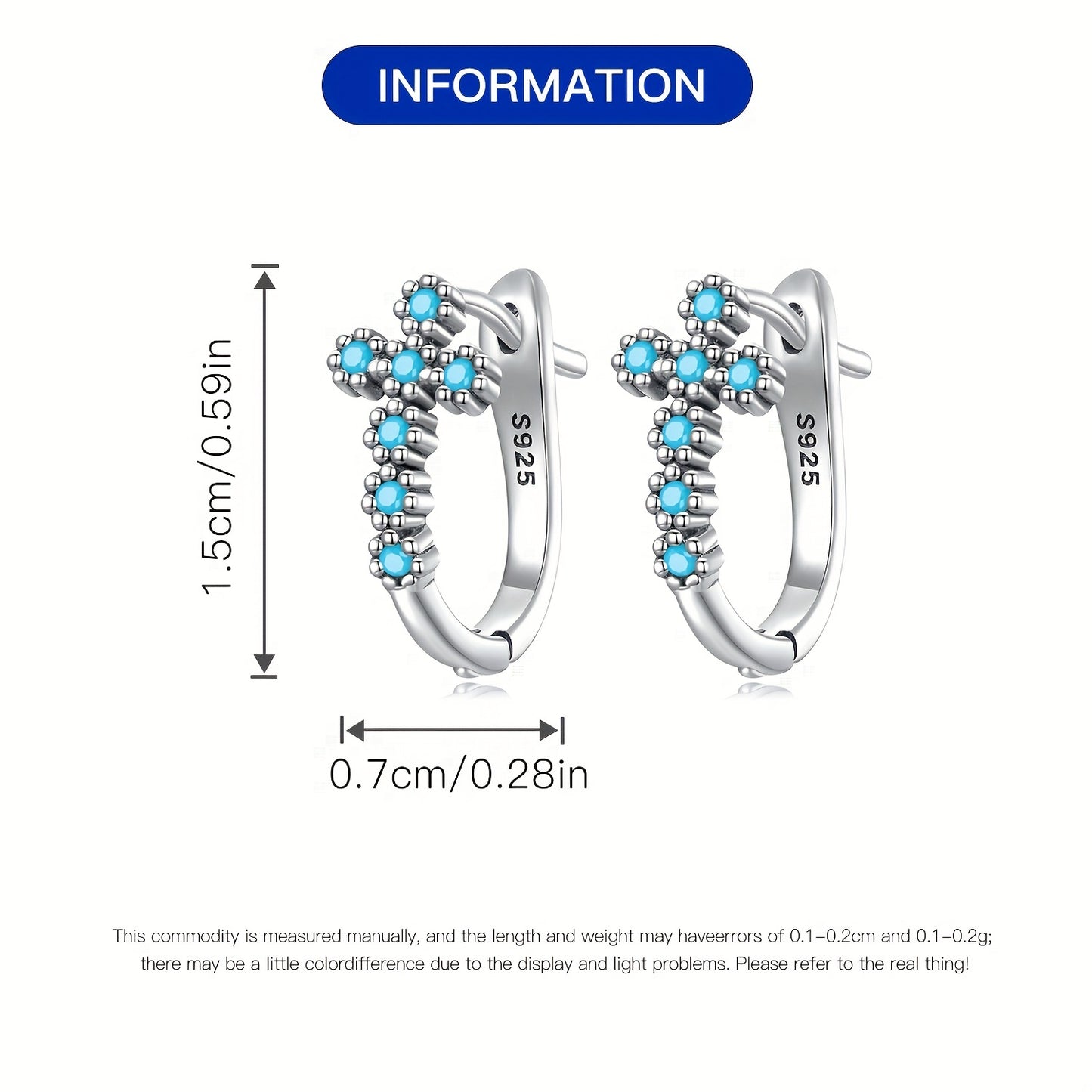 Sterling 925 Silver Hypoallergenic Ear Jewelry Cross Pattern Turquoise Inlaid Hoop Earrings Simple Sexy Style Female Gift