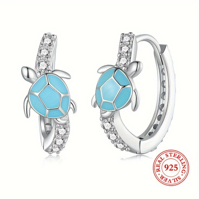 Sterling 925 Silver Jewelry Cute Turtle Design Blue Hoop Earrings With Shiny Zircon Decor Creative Female Gift