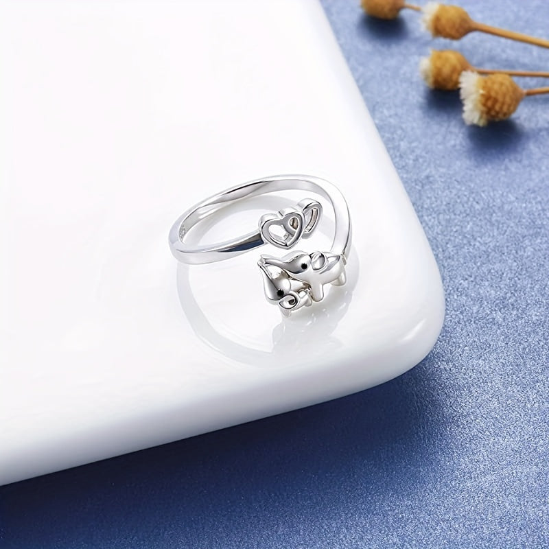 925 Sterling Silver Wrap Ring Cute Elephant & Heart Design Suitable For Men And Women High Quality Adjustable Ring Perfect Gift For Family \u002F Friends \u002F Lover