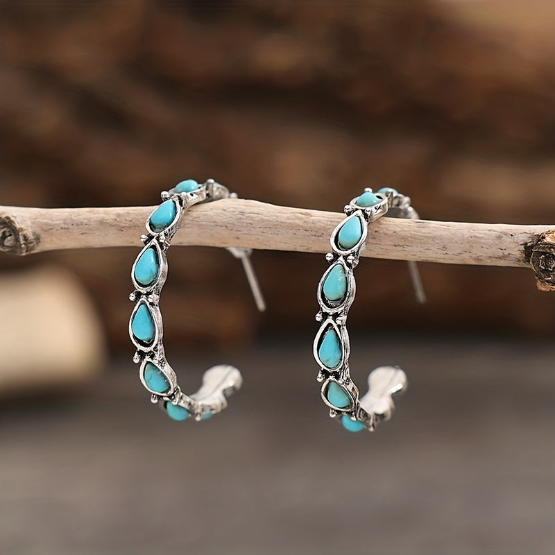 C Shape With Turquoise Decor Retro Elegant Hoop Earrings Western Style Zinc Alloy Silver Plated Jewelry Trendy Female Gift