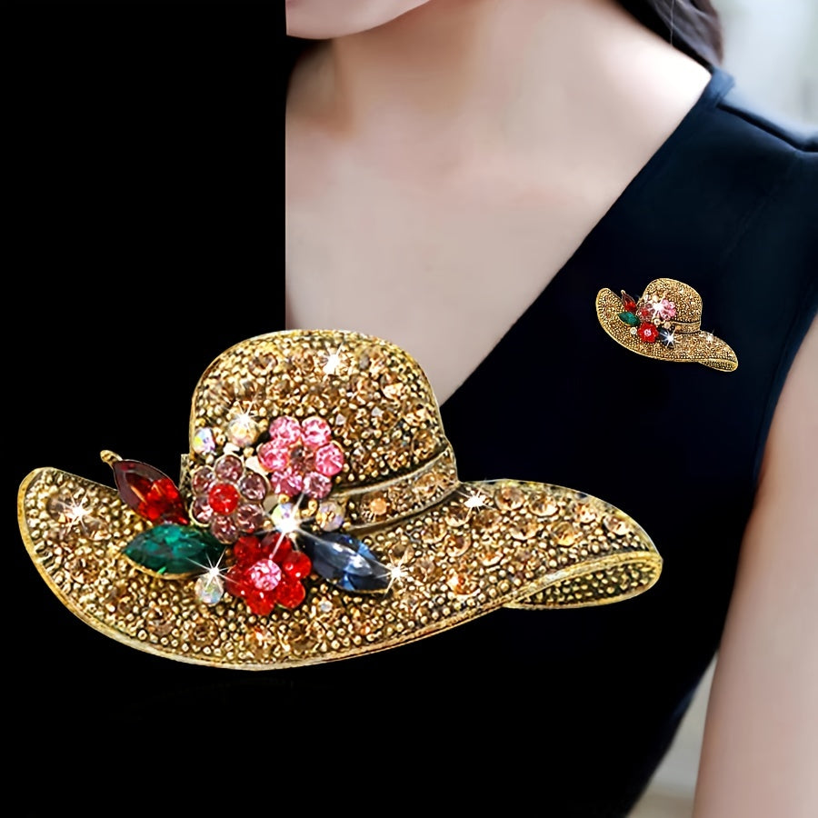 Vintage Style Hat Alloy Brooch Pin Inlaid Shiny Rhinestone Elegant Temperament Sweater Coat Dress Accessories